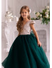 V Neck Gold Sequin Emerald Tulle Flower Girl Dress